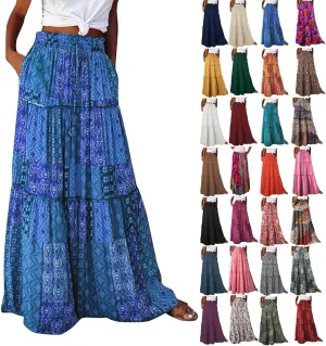 Floral Maxi Skirts for Women Trendy Summer Elastic High Waisted Long Skirts Tiered Flowy Swing A Line Skirt w/Pockets
