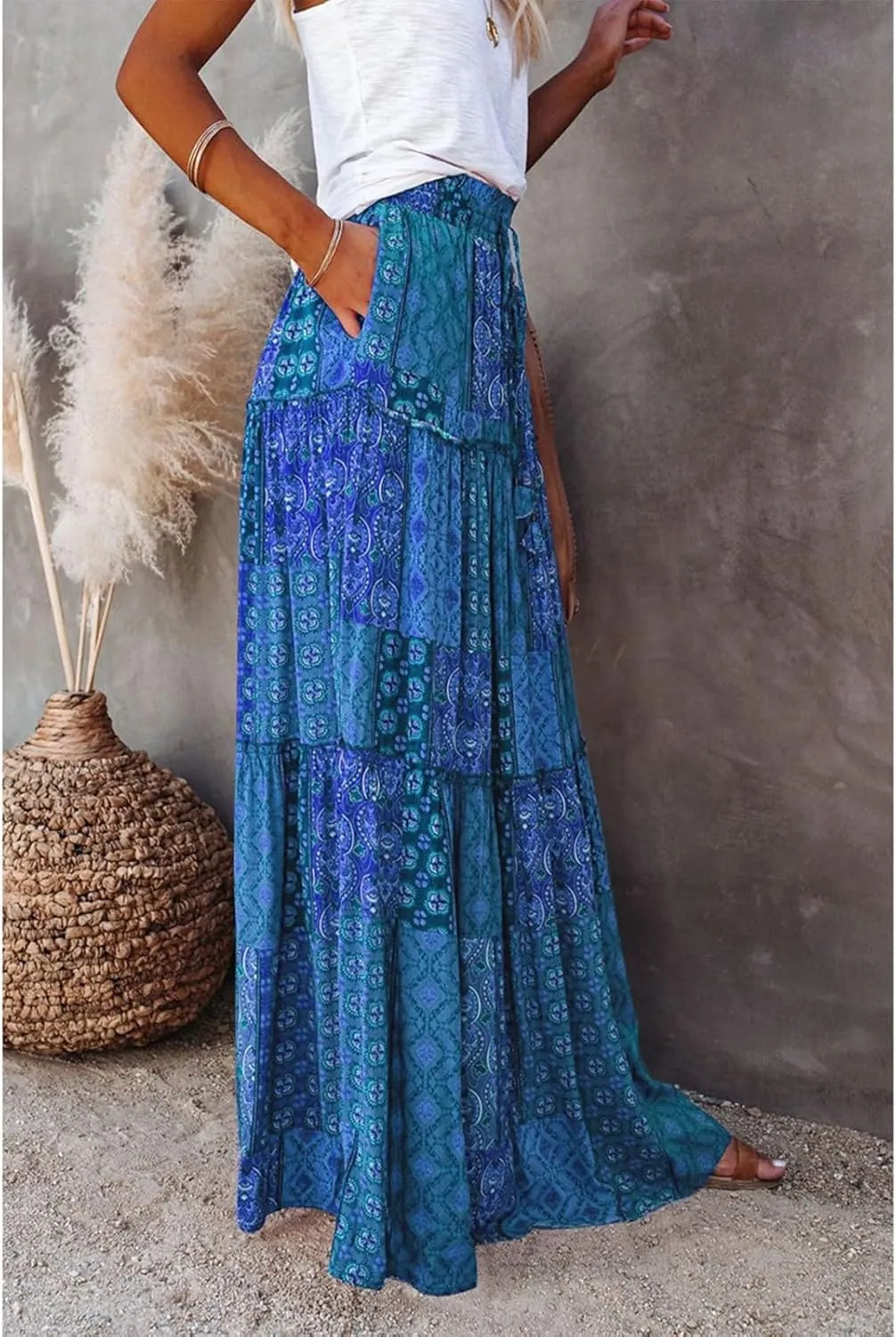 Floral Maxi Skirts for Women Trendy Summer Elastic High Waisted Long Skirts Tiered Flowy Swing A Line Skirt w/Pockets