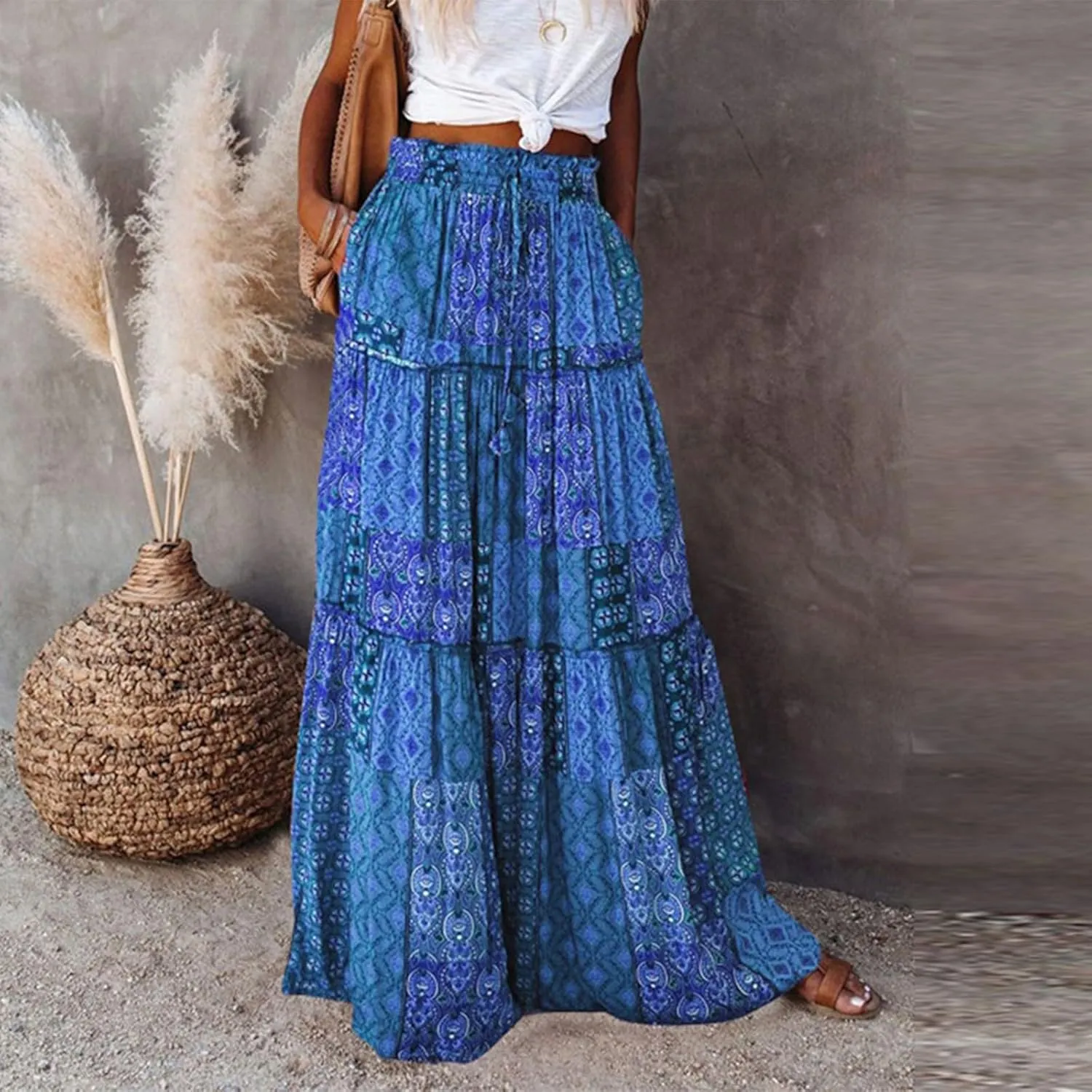 Floral Maxi Skirts for Women Trendy Summer Elastic High Waisted Long Skirts Tiered Flowy Swing A Line Skirt w/Pockets