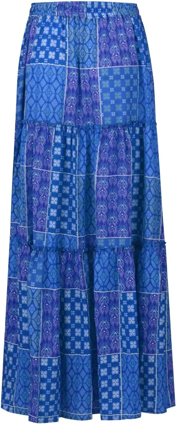 Floral Maxi Skirts for Women Trendy Summer Elastic High Waisted Long Skirts Tiered Flowy Swing A Line Skirt w/Pockets