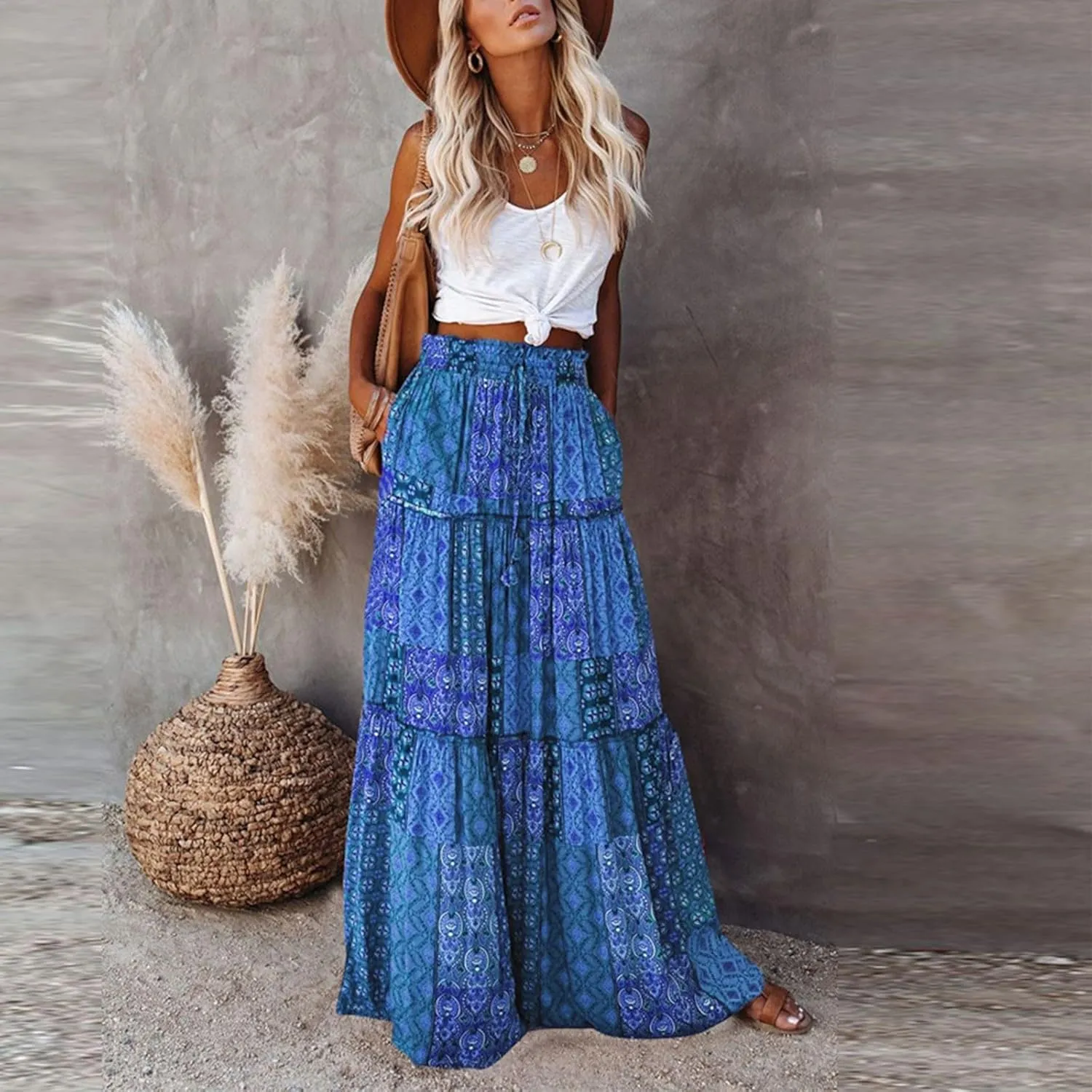 Floral Maxi Skirts for Women Trendy Summer Elastic High Waisted Long Skirts Tiered Flowy Swing A Line Skirt w/Pockets