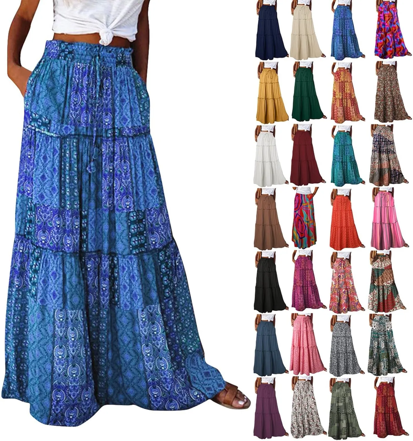Floral Maxi Skirts for Women Trendy Summer Elastic High Waisted Long Skirts Tiered Flowy Swing A Line Skirt w/Pockets