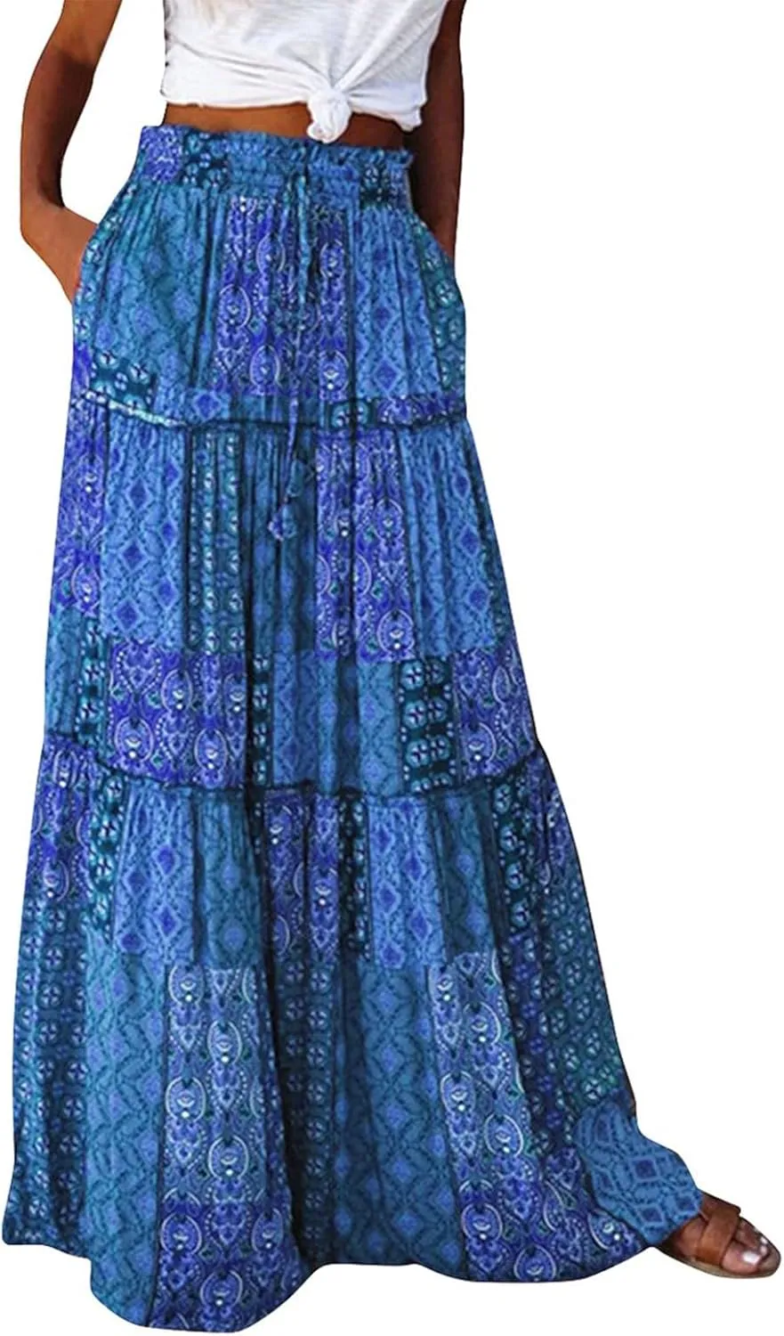 Floral Maxi Skirts for Women Trendy Summer Elastic High Waisted Long Skirts Tiered Flowy Swing A Line Skirt w/Pockets