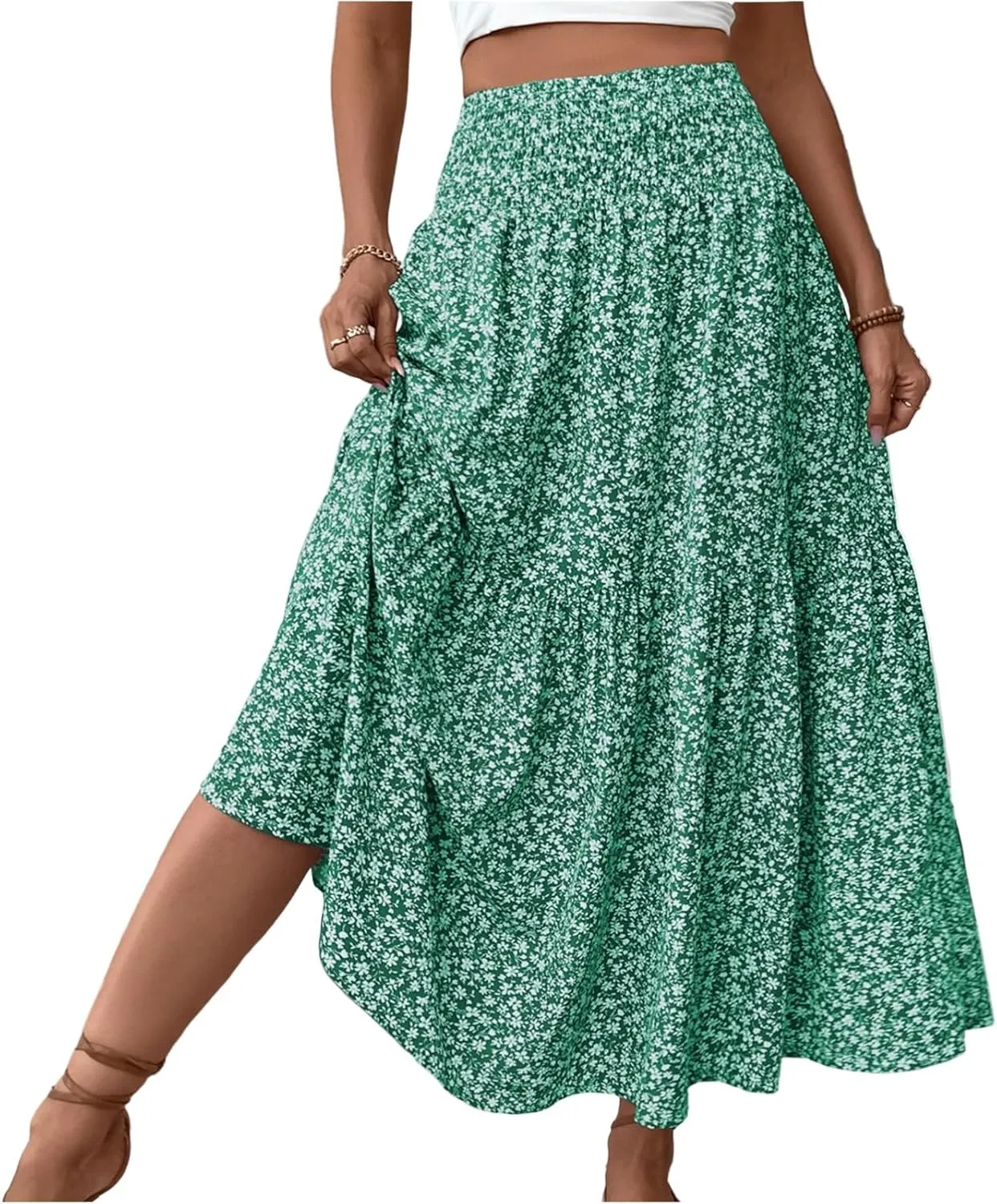 Floral Maxi Skirts for Women Trendy Summer High Waisted Long Skirts Elastic Waist Boho Beach A Line Skirt Cover Up