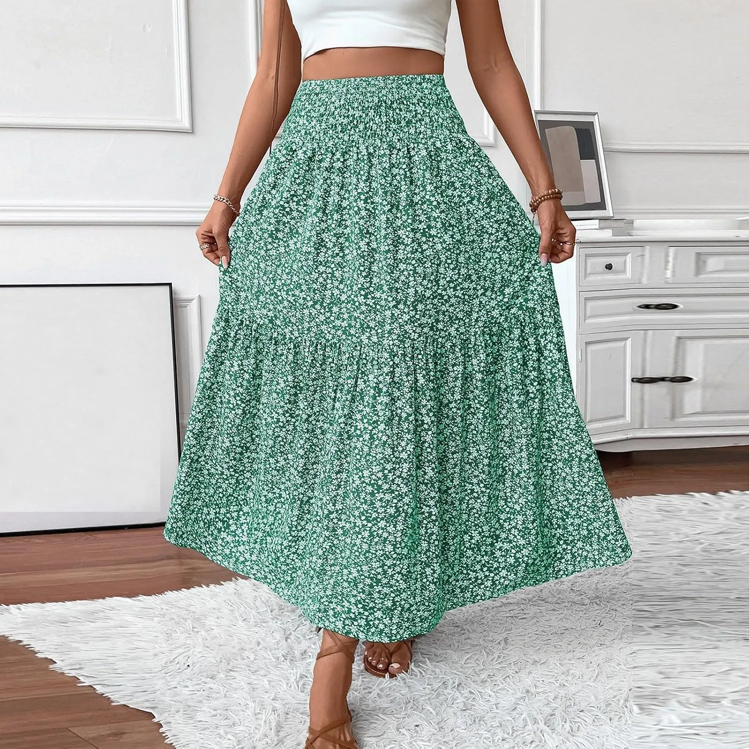Floral Maxi Skirts for Women Trendy Summer High Waisted Long Skirts Elastic Waist Boho Beach A Line Skirt Cover Up