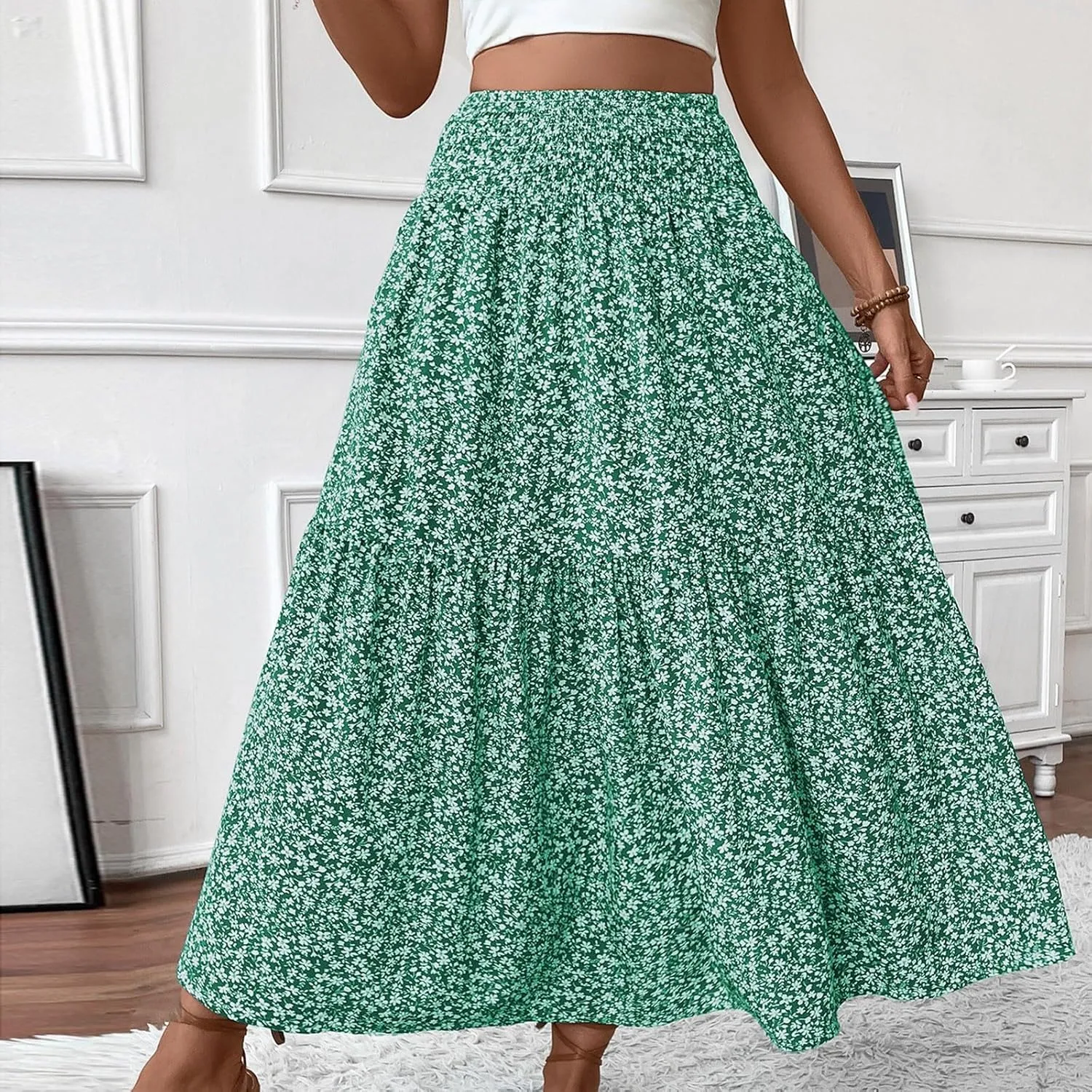 Floral Maxi Skirts for Women Trendy Summer High Waisted Long Skirts Elastic Waist Boho Beach A Line Skirt Cover Up