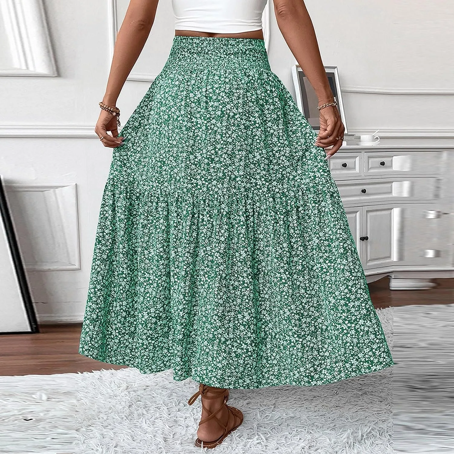 Floral Maxi Skirts for Women Trendy Summer High Waisted Long Skirts Elastic Waist Boho Beach A Line Skirt Cover Up