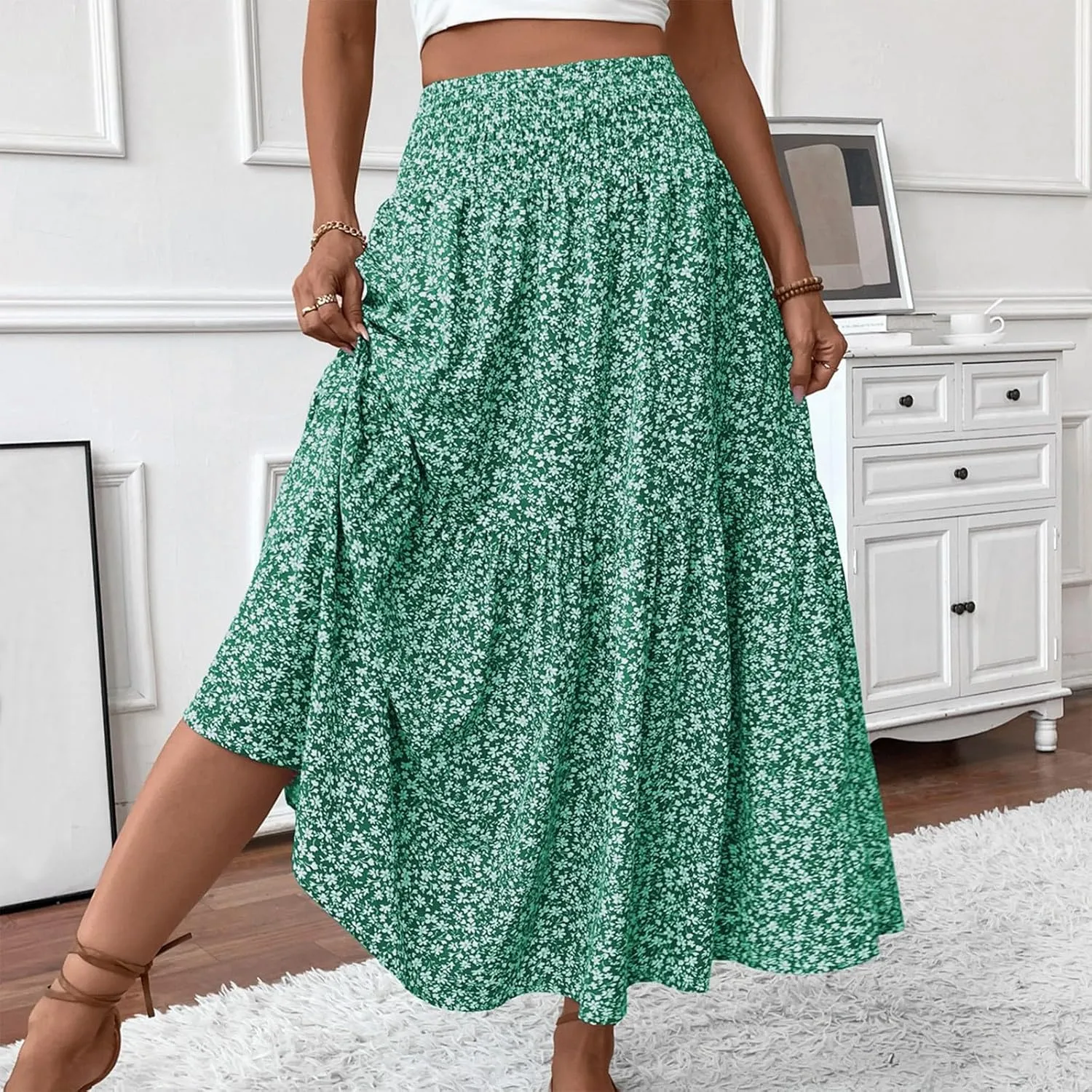 Floral Maxi Skirts for Women Trendy Summer High Waisted Long Skirts Elastic Waist Boho Beach A Line Skirt Cover Up