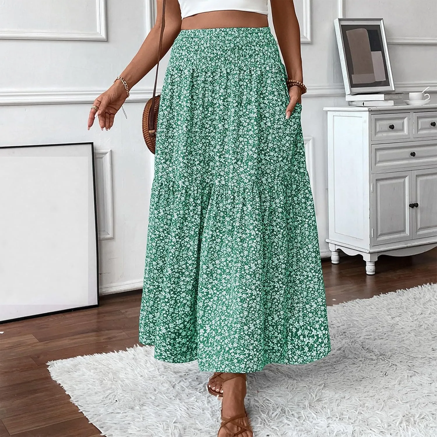 Floral Maxi Skirts for Women Trendy Summer High Waisted Long Skirts Elastic Waist Boho Beach A Line Skirt Cover Up