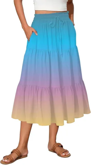 Floral Skirts for Women Summer Loose Casual Trendy Elastic Waist Flowy Beach Boho Maxi Skirt, S-2XL