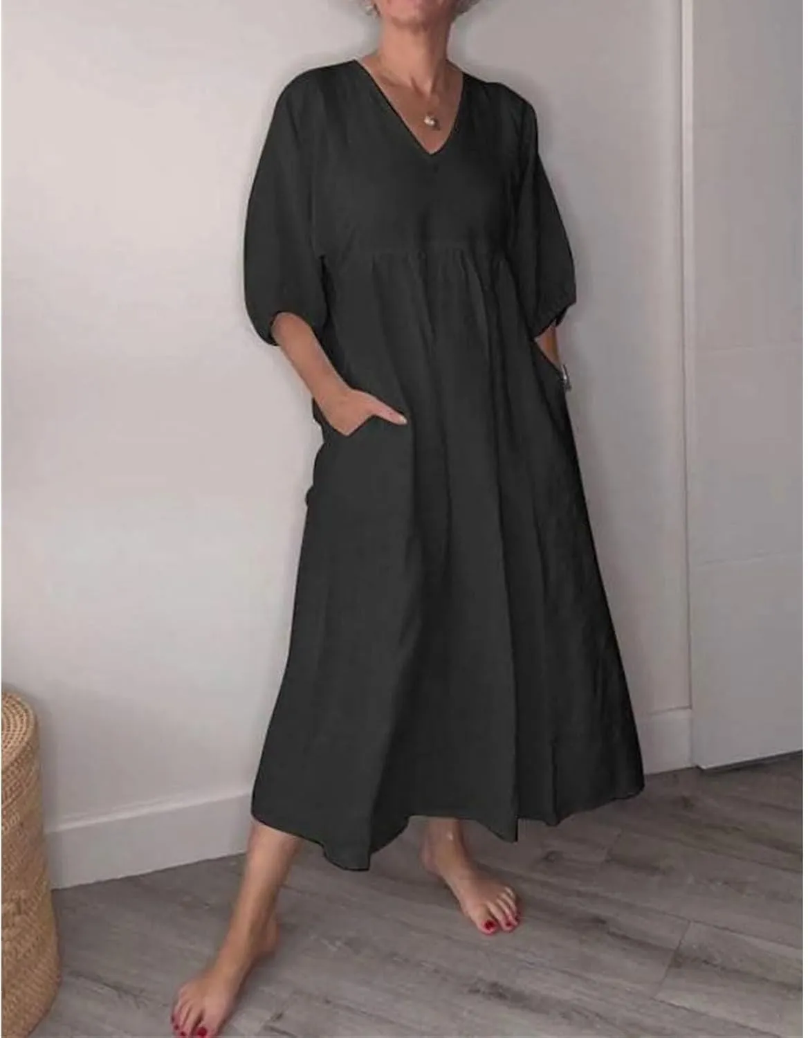 Flowy Maxi Dresses for Women Plus Size Summer Casual Dress Cotton Linen Midi Dress Beach Tshirt Sundress with Pockets