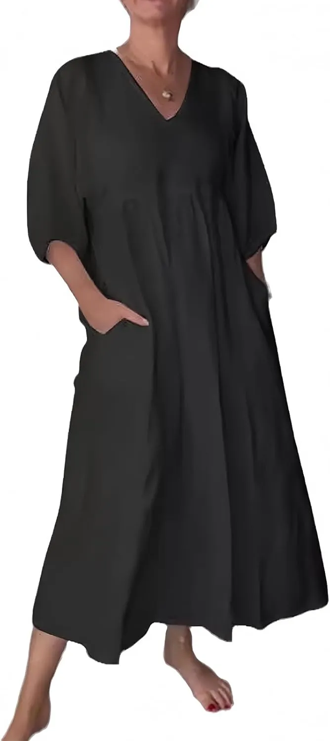 Flowy Maxi Dresses for Women Plus Size Summer Casual Dress Cotton Linen Midi Dress Beach Tshirt Sundress with Pockets