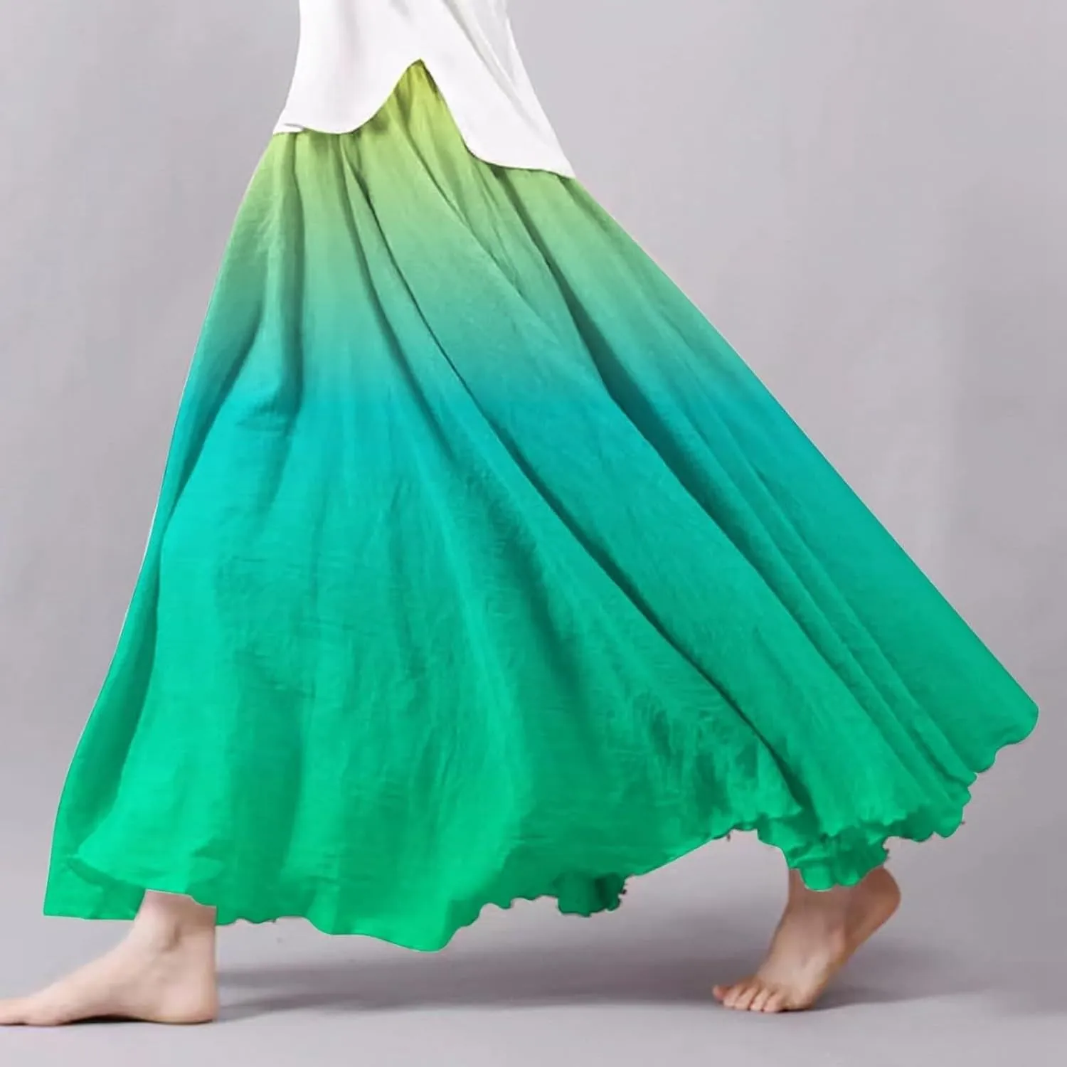 Flowy Maxi Skirts for Women Boho Beach Vacation Gradient Color Elastic Waist Linen A Line Long Skirt Swing Dress