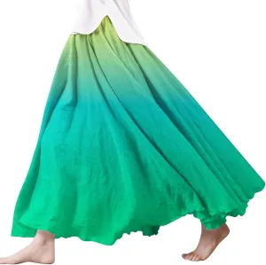 Flowy Maxi Skirts for Women Boho Beach Vacation Gradient Color Elastic Waist Linen A Line Long Skirt Swing Dress