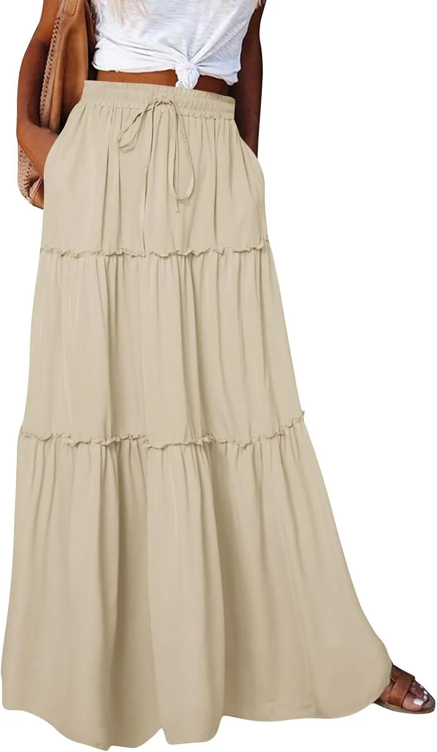 Flowy Maxi Skirts for Women High Waisted Tiered Long Skirt Ladies Soft Drawstring Casual Ruffle Skirts