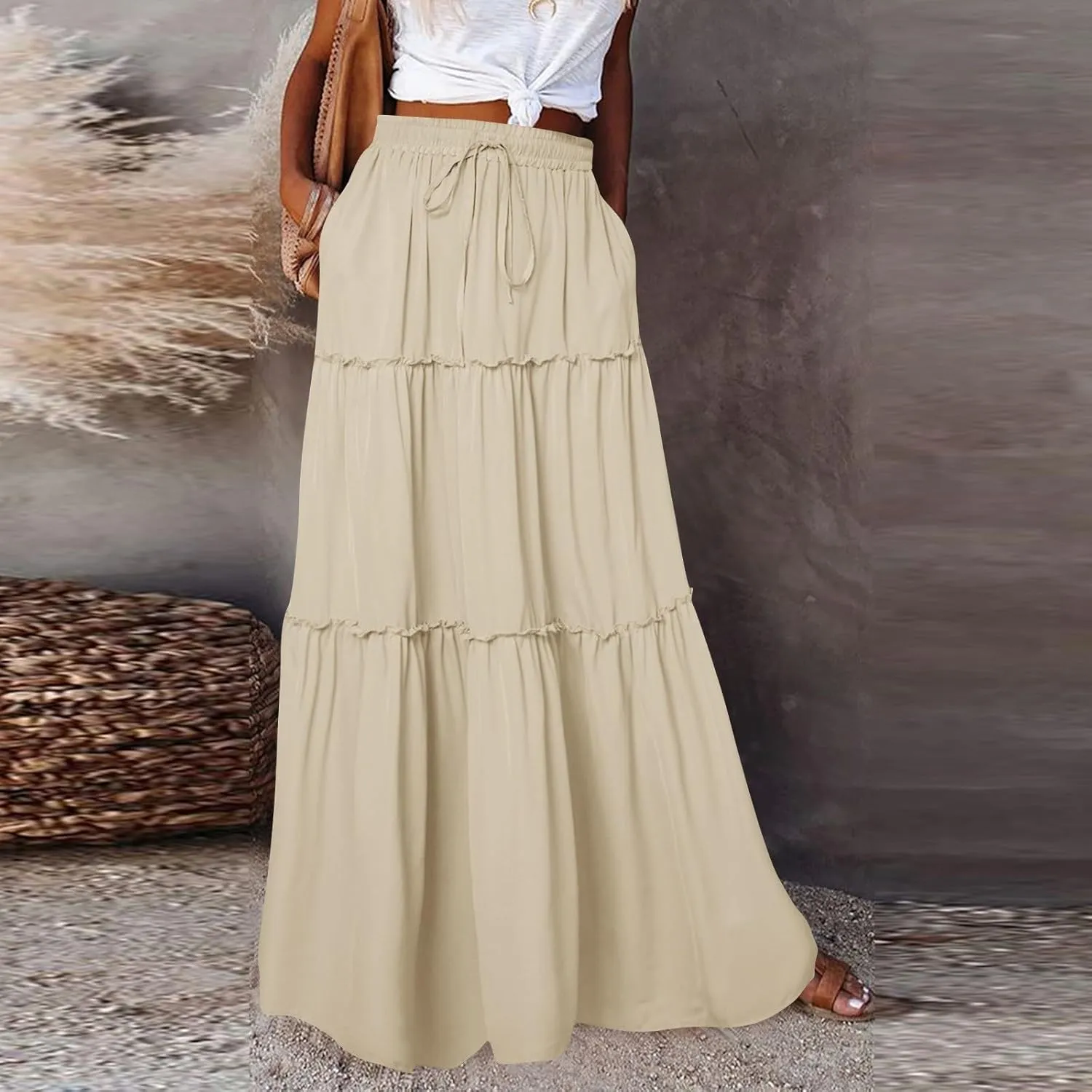 Flowy Maxi Skirts for Women High Waisted Tiered Long Skirt Ladies Soft Drawstring Casual Ruffle Skirts