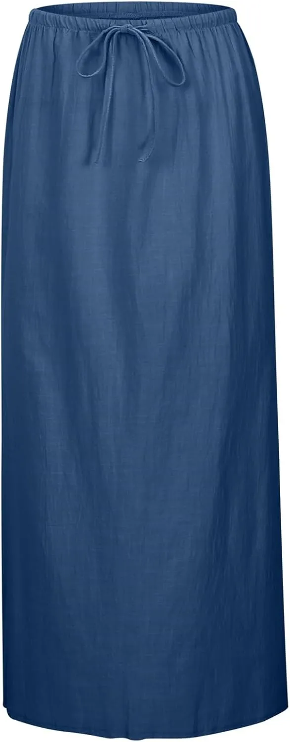 Flowy Skirt Casual Slim Fit Stretchy Drawstring High Elastic Waist Flare Long Skirts for Women Trendy Streetwear