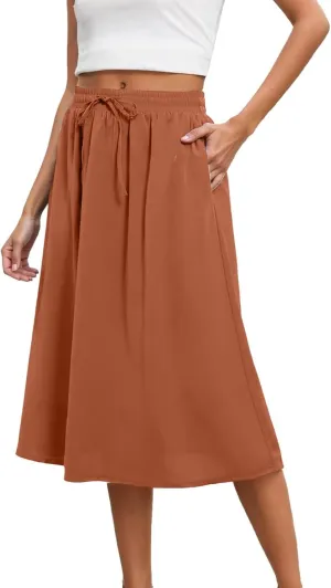 Flowy Skirts for Women Midi Length Tie Knot Boho Casual Beach High Waisted Pleated Swing Long Skirt with Pockets