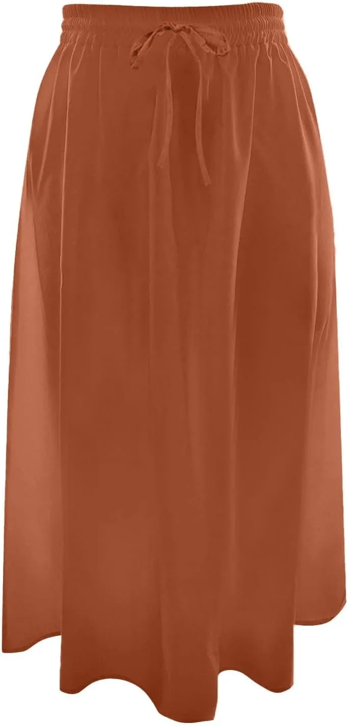 Flowy Skirts for Women Midi Length Tie Knot Boho Casual Beach High Waisted Pleated Swing Long Skirt with Pockets