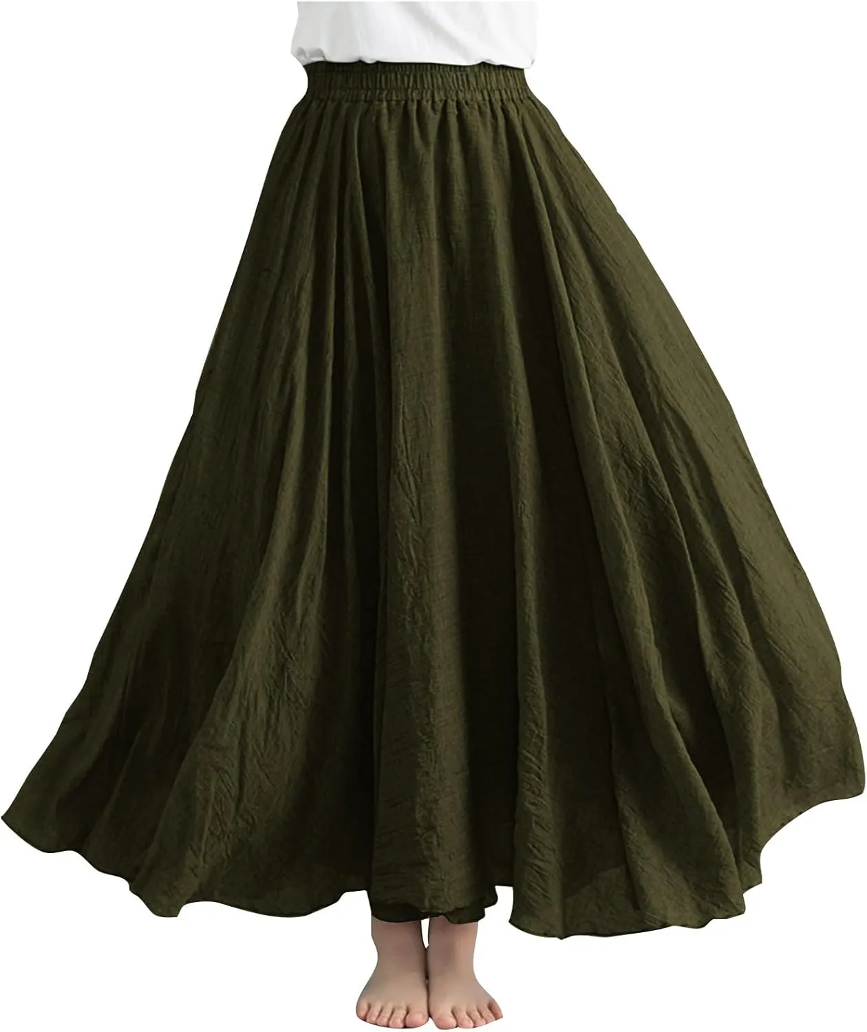 FZYLQY Womens Linen Maxi Skirts Summer Boho Solid Beach Elastic High Waist Pleated A-Line Flowy Swing Long Maxi Skirts
