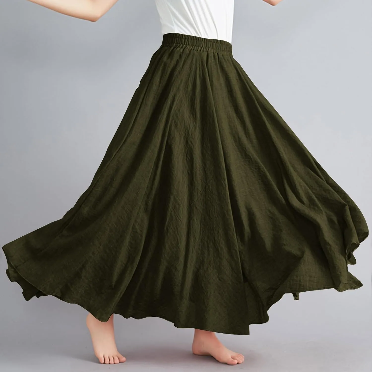 FZYLQY Womens Linen Maxi Skirts Summer Boho Solid Beach Elastic High Waist Pleated A-Line Flowy Swing Long Maxi Skirts