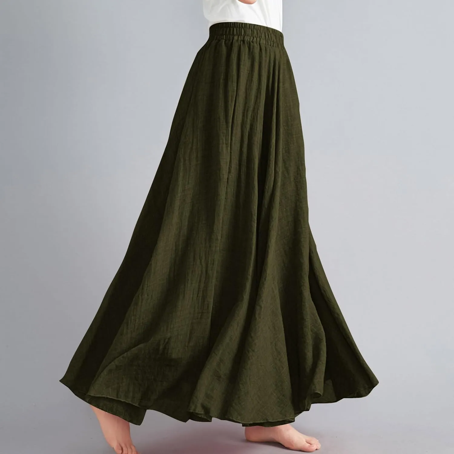 FZYLQY Womens Linen Maxi Skirts Summer Boho Solid Beach Elastic High Waist Pleated A-Line Flowy Swing Long Maxi Skirts