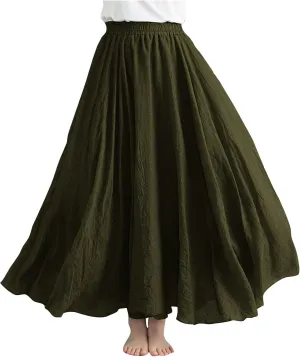 FZYLQY Womens Linen Maxi Skirts Summer Boho Solid Beach Elastic High Waist Pleated A-Line Flowy Swing Long Maxi Skirts