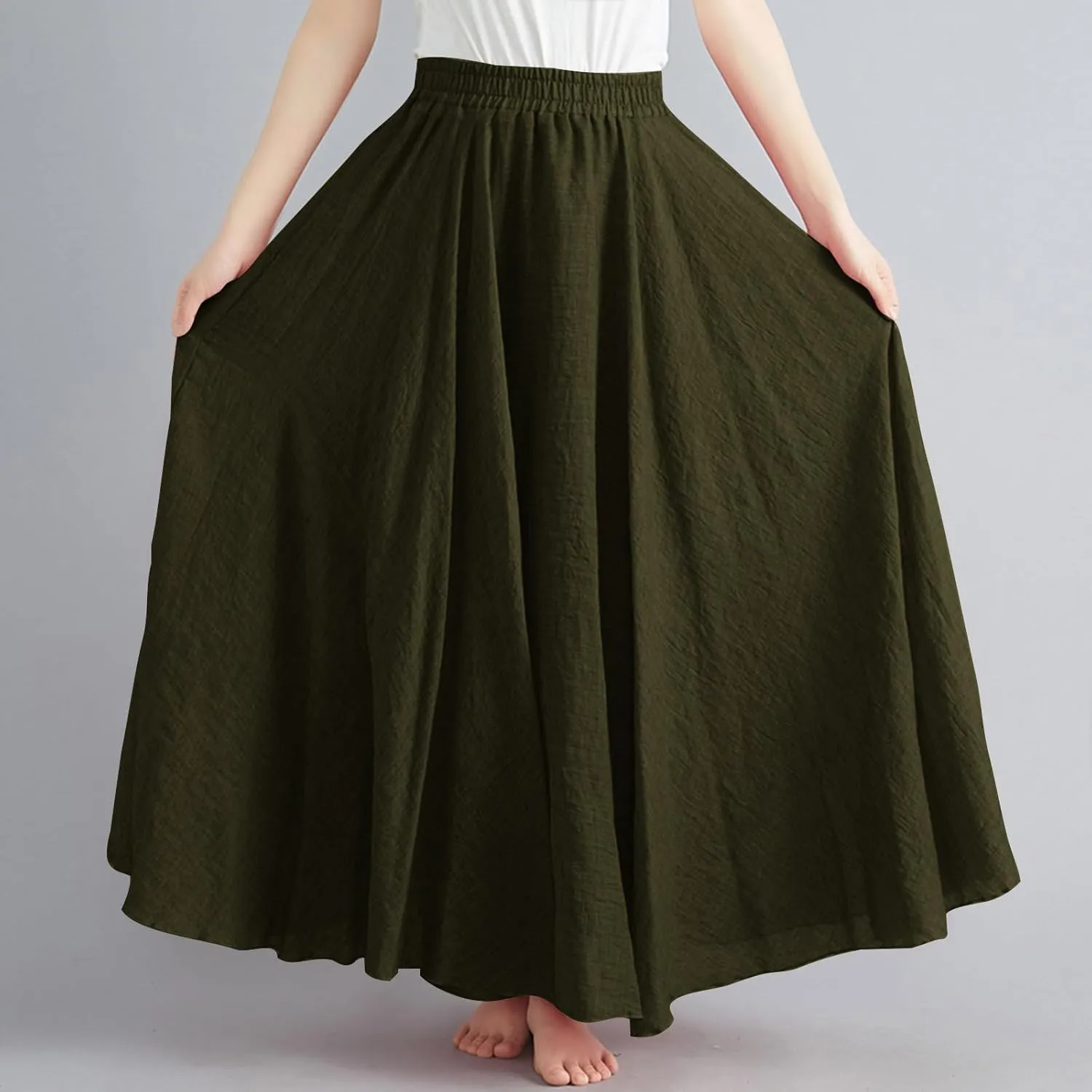 FZYLQY Womens Linen Maxi Skirts Summer Boho Solid Beach Elastic High Waist Pleated A-Line Flowy Swing Long Maxi Skirts