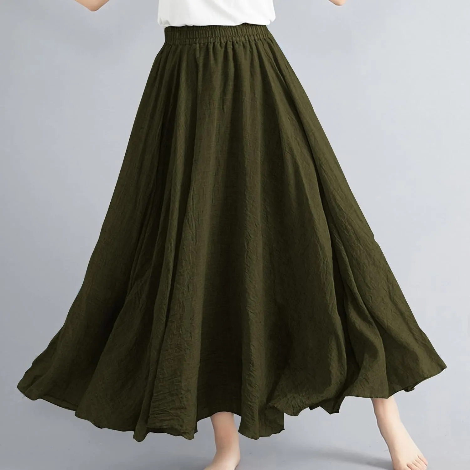 FZYLQY Womens Linen Maxi Skirts Summer Boho Solid Beach Elastic High Waist Pleated A-Line Flowy Swing Long Maxi Skirts