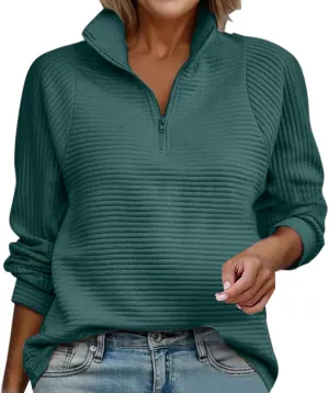 Half Zip Work Sweatshirts for Women Fall Trendy Lightweight Pullover Sweater Solid Color Slim Fit V Neck Pullover Top