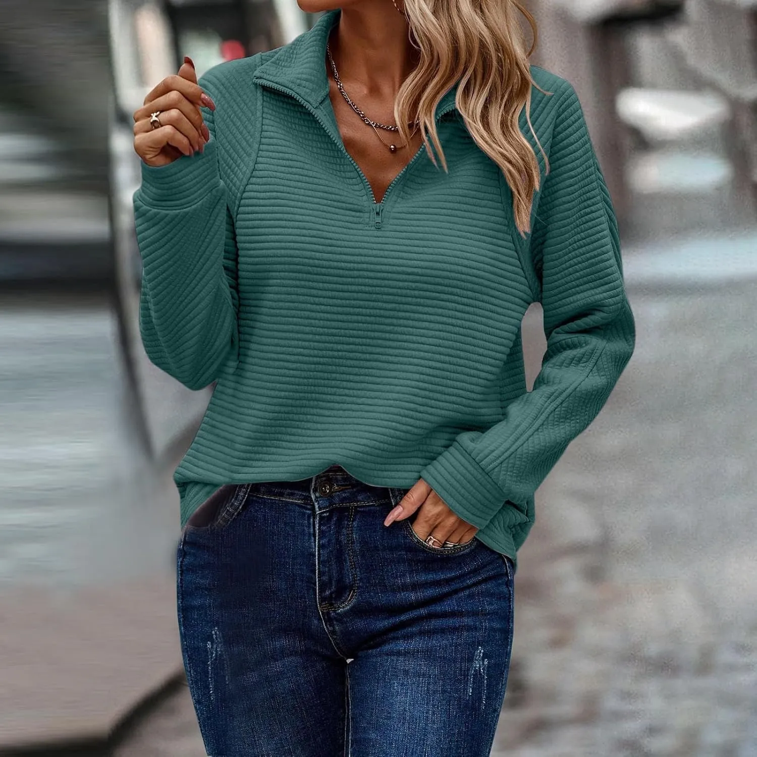 Half Zip Work Sweatshirts for Women Fall Trendy Lightweight Pullover Sweater Solid Color Slim Fit V Neck Pullover Top