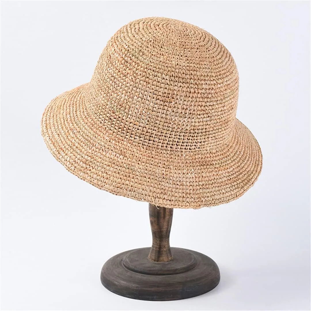 Handmade Ladies Crochet Natural Straw Bucket Hat for Spring Summer Beach Floppy Fisherman Caps