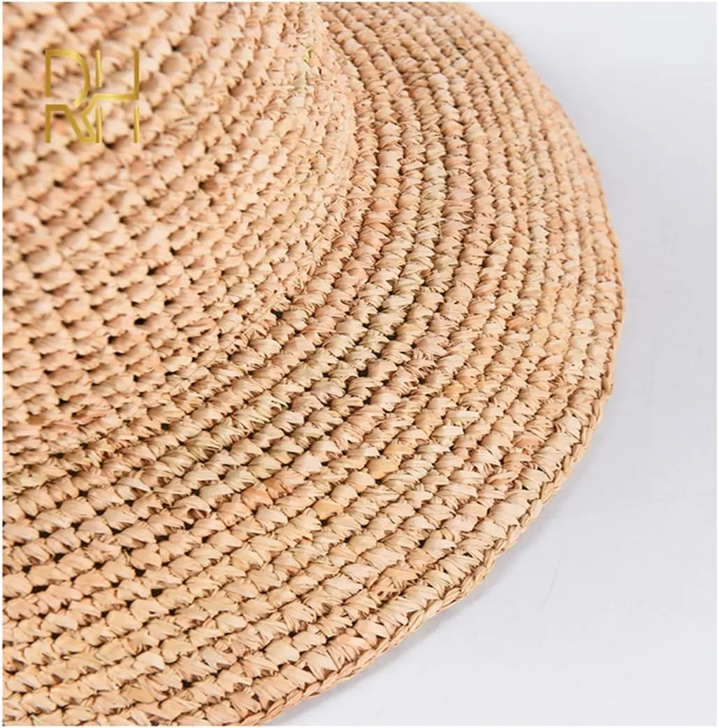 Handmade Ladies Crochet Natural Straw Bucket Hat for Spring Summer Beach Floppy Fisherman Caps