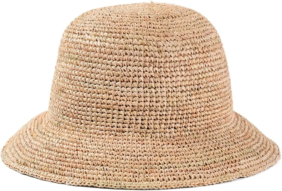 Handmade Ladies Crochet Natural Straw Bucket Hat for Spring Summer Beach Floppy Fisherman Caps