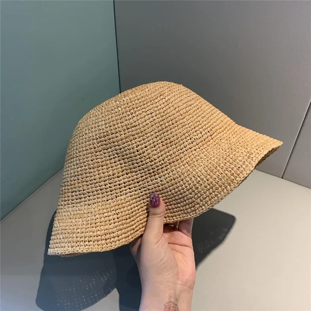 Handmade Ladies Crochet Natural Straw Bucket Hat for Spring Summer Beach Floppy Fisherman Caps