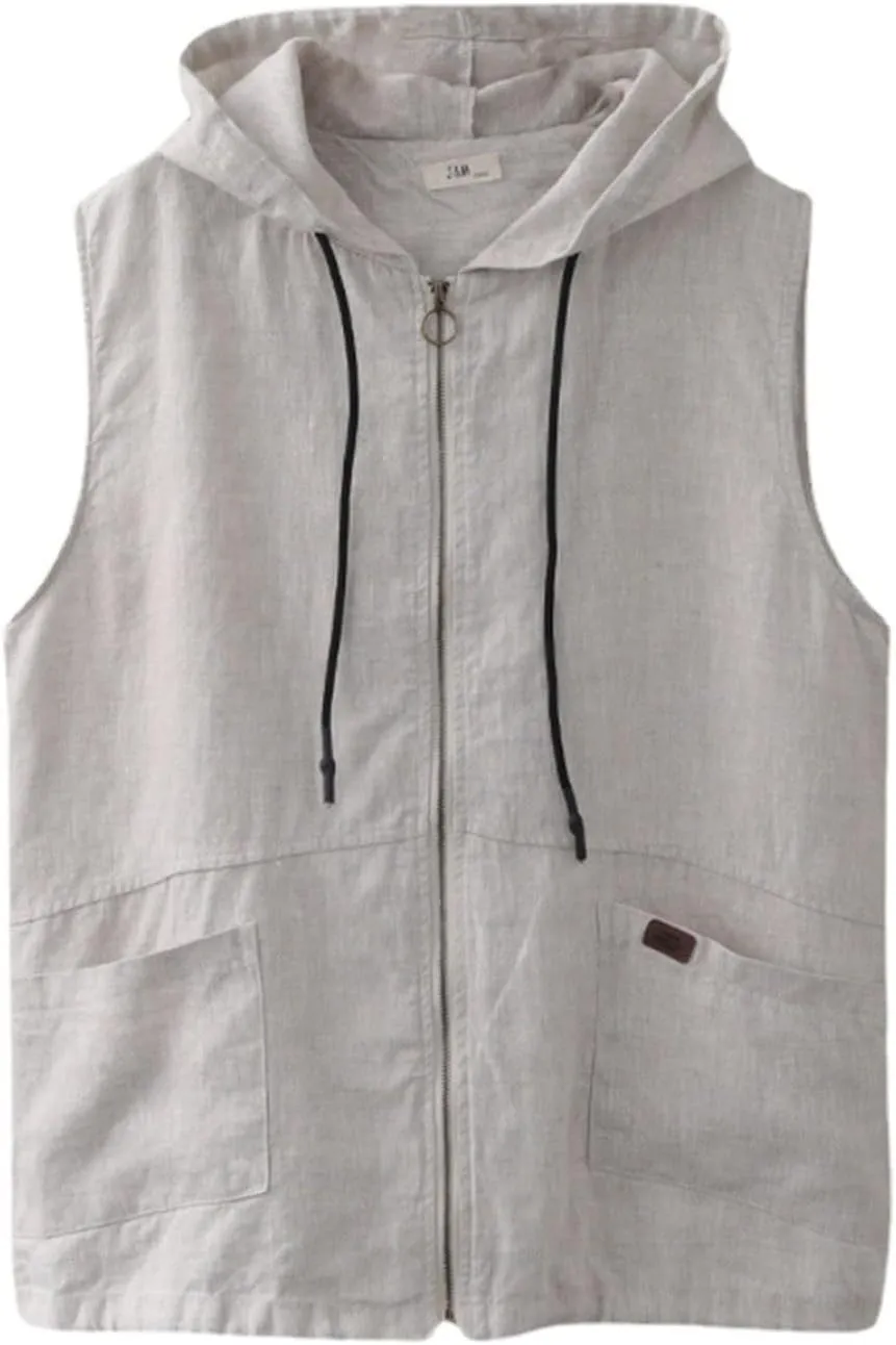 HGps8w Womens Cotton Linen Zip Up Hoodies Lightweight Casual Sleeveless Cardigans Jackets Military Utility Vest with Pockets