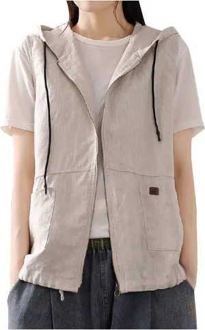 HGps8w Womens Cotton Linen Zip Up Hoodies Lightweight Casual Sleeveless Cardigans Jackets Military Utility Vest with Pockets