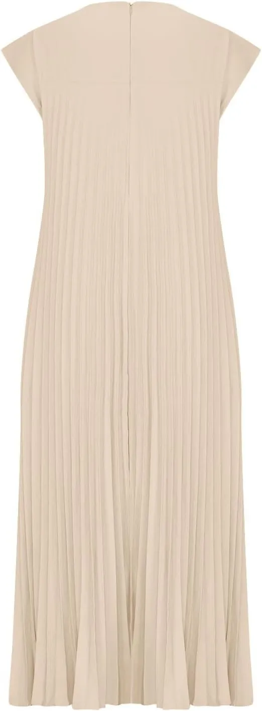 HGps8w Womens Summer Pleated Maxi Dress 2025 Elegant Cap Sleeve Crewneck Casual Loose Long Dresses with Pockets