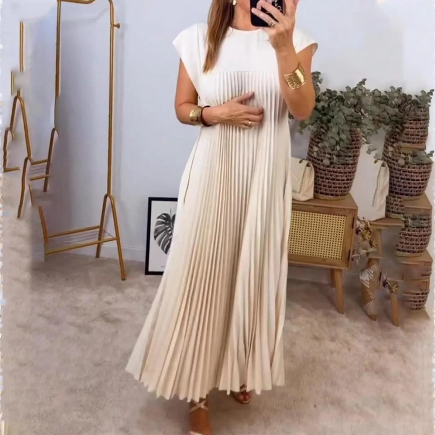 HGps8w Womens Summer Pleated Maxi Dress 2025 Elegant Cap Sleeve Crewneck Casual Loose Long Dresses with Pockets