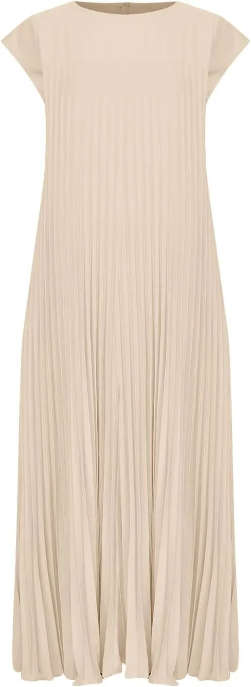 HGps8w Womens Summer Pleated Maxi Dress 2025 Elegant Cap Sleeve Crewneck Casual Loose Long Dresses with Pockets