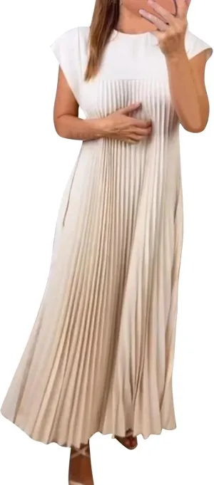 HGps8w Womens Summer Pleated Maxi Dress 2025 Elegant Cap Sleeve Crewneck Casual Loose Long Dresses with Pockets