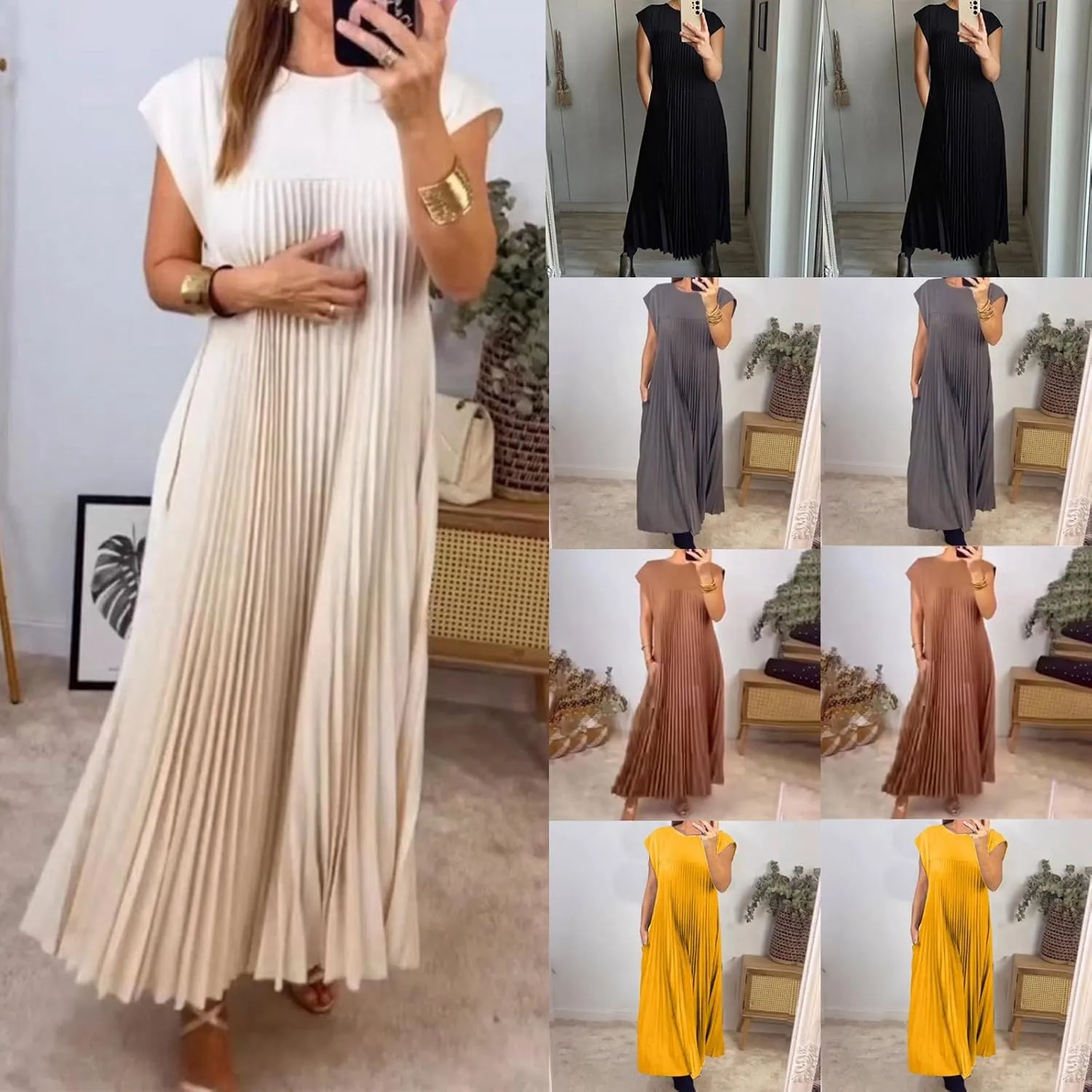 HGps8w Womens Summer Pleated Maxi Dress 2025 Elegant Cap Sleeve Crewneck Casual Loose Long Dresses with Pockets