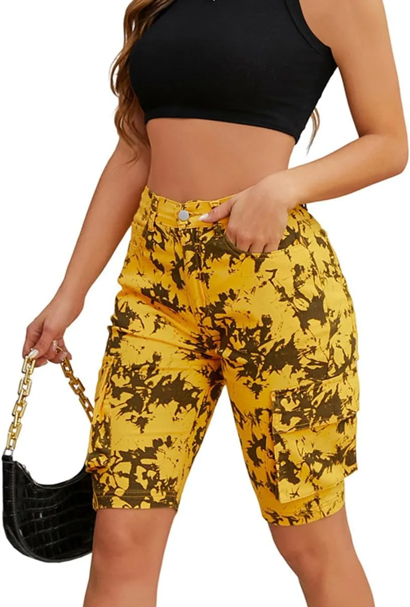 High Waisted Jeans Shorts for Women Tie-Dye Camouflage Cargo Denim Shorts Summer Casual Bermuda Shorts