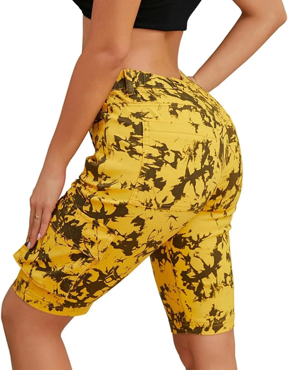 High Waisted Jeans Shorts for Women Tie-Dye Camouflage Cargo Denim Shorts Summer Casual Bermuda Shorts