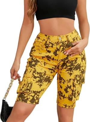 High Waisted Jeans Shorts for Women Tie-Dye Camouflage Cargo Denim Shorts Summer Casual Bermuda Shorts