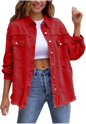 Jean Jacket Women,2024 Trendy Classic Lapel Button Down Up Frayed Hem Shacket Long Sleeve Distresse Trucker Coats