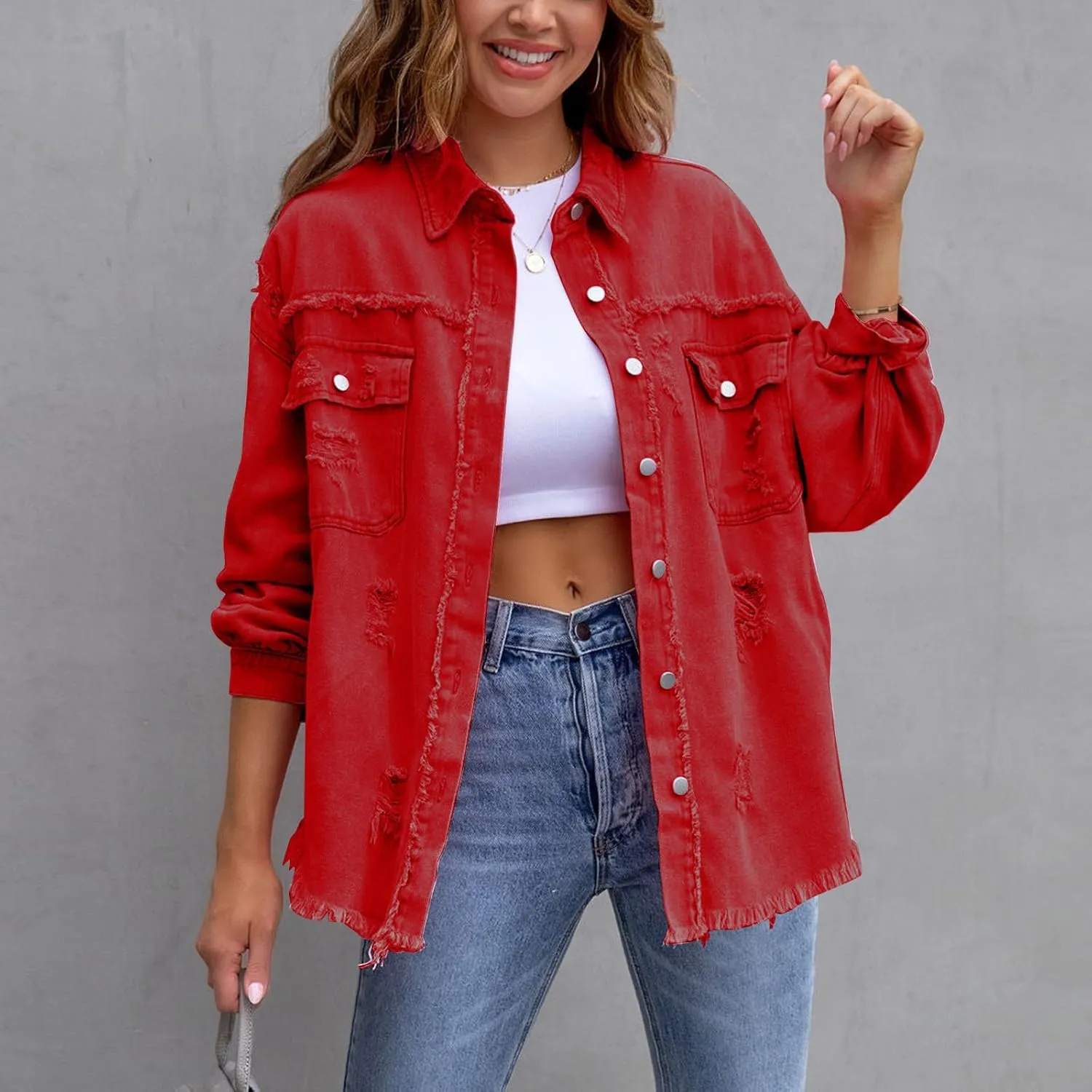 Jean Jacket Women,2024 Trendy Classic Lapel Button Down Up Frayed Hem Shacket Long Sleeve Distresse Trucker Coats