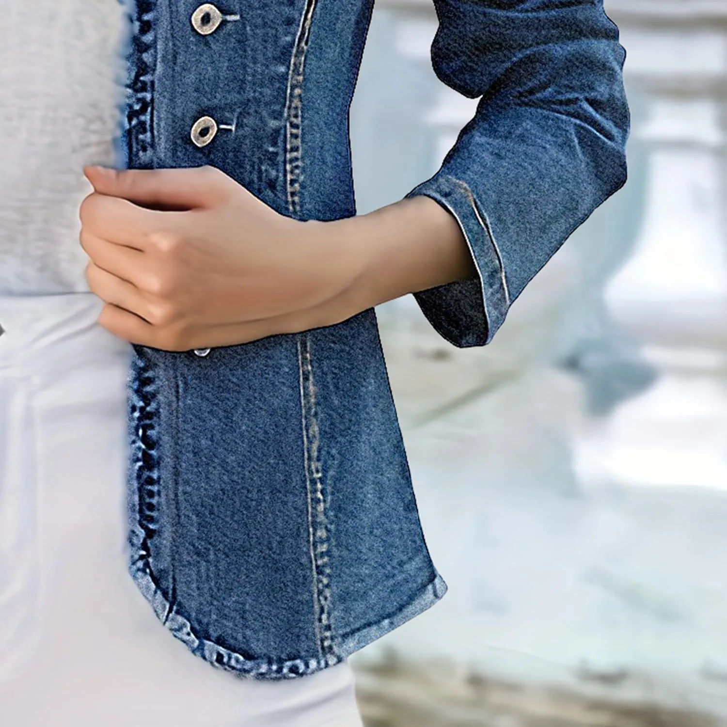 Jean Jackets for Women Trendy Stretch Denim Jacket Button Up Vintage Frayed Hem Denim Shacket Long Sleeve