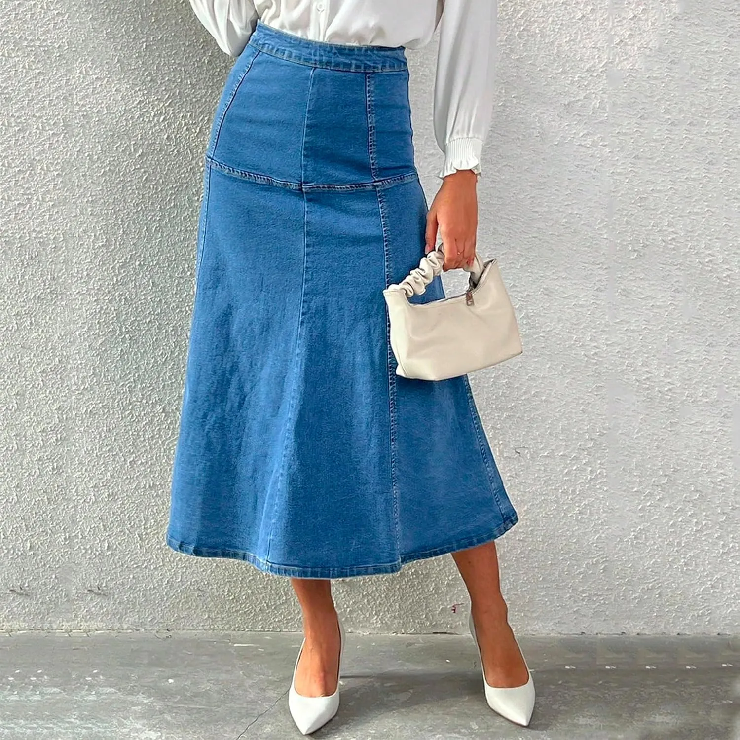 Jean Skirts for Women Denim High Waisted A Line Long Denim Skirts Casual Big Hem Tiered Ruffle Denim Skirt Midi Length