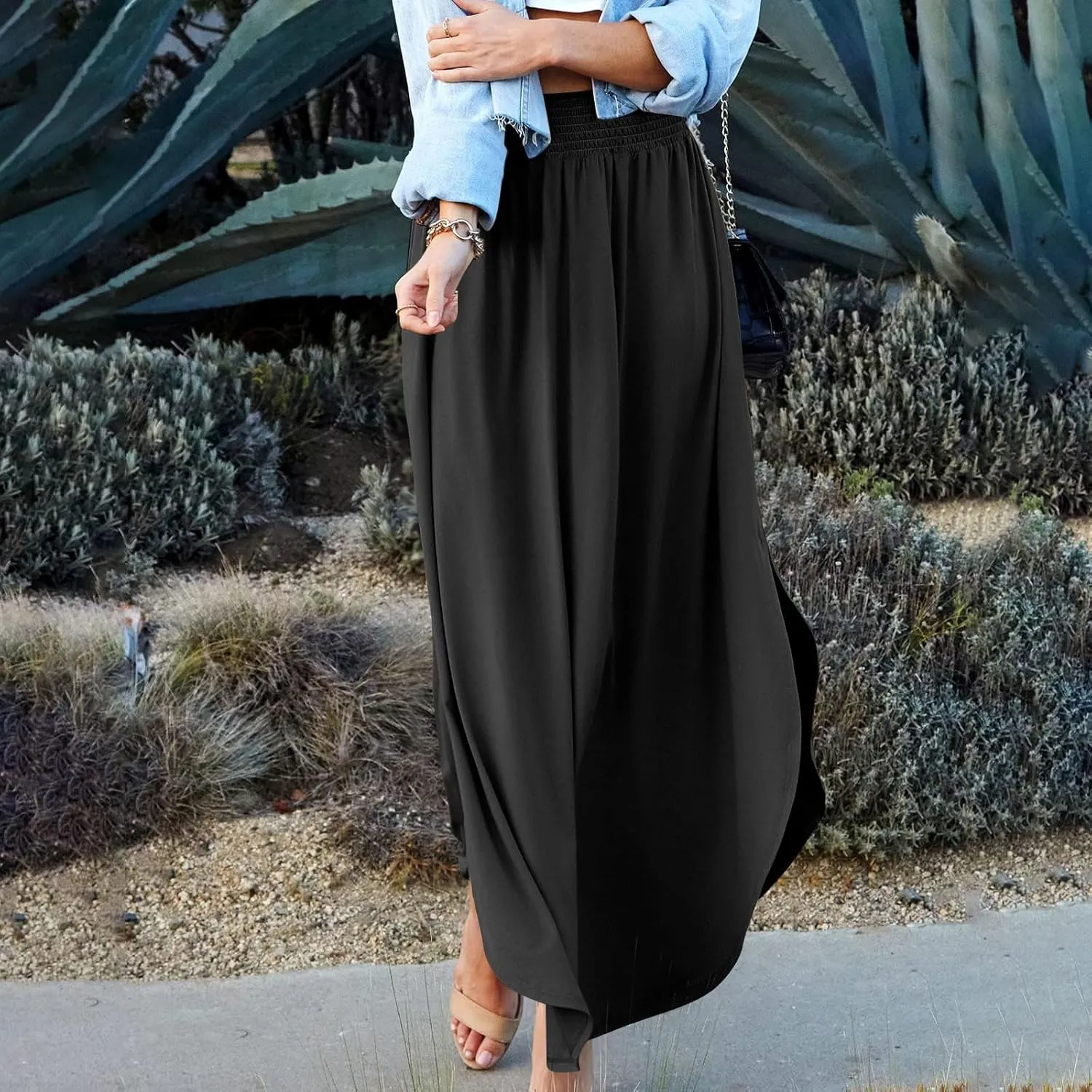 JJHAEVDY Skirts for Women Solid Irregular Hem Maxi Skirt Elastic High Waisted Skirts Loose Casual Fashion Skirts with Pockets